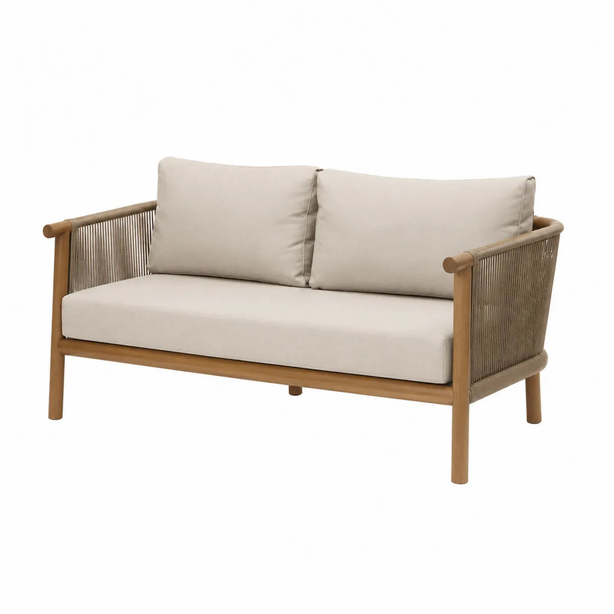 Dwuosobowa sofa ogrodowa z drewna tekowego z beżowymi poduszkami
