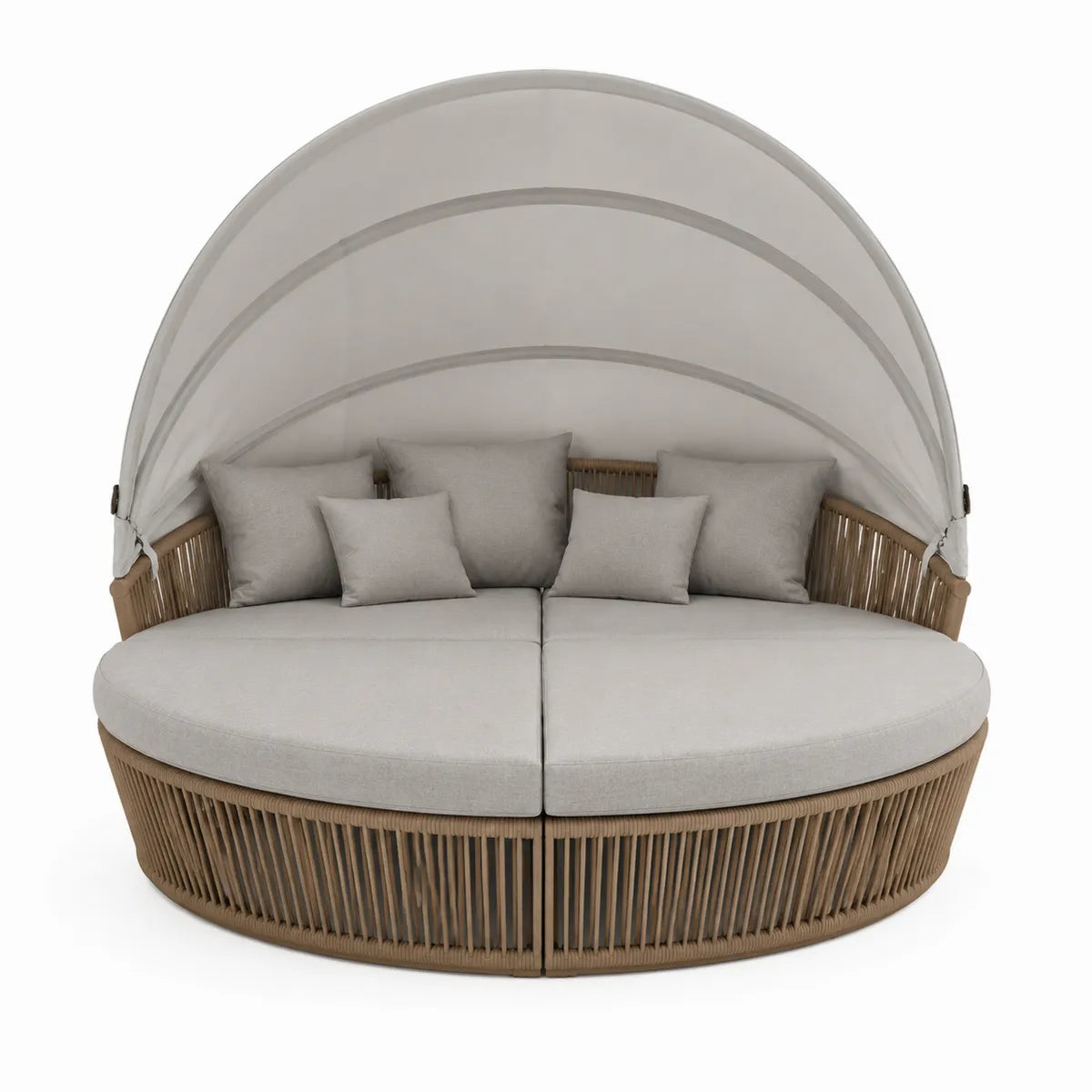 Okrągła sofa ogrodowa z baldachimem, rattan i stal, beżowo-szara