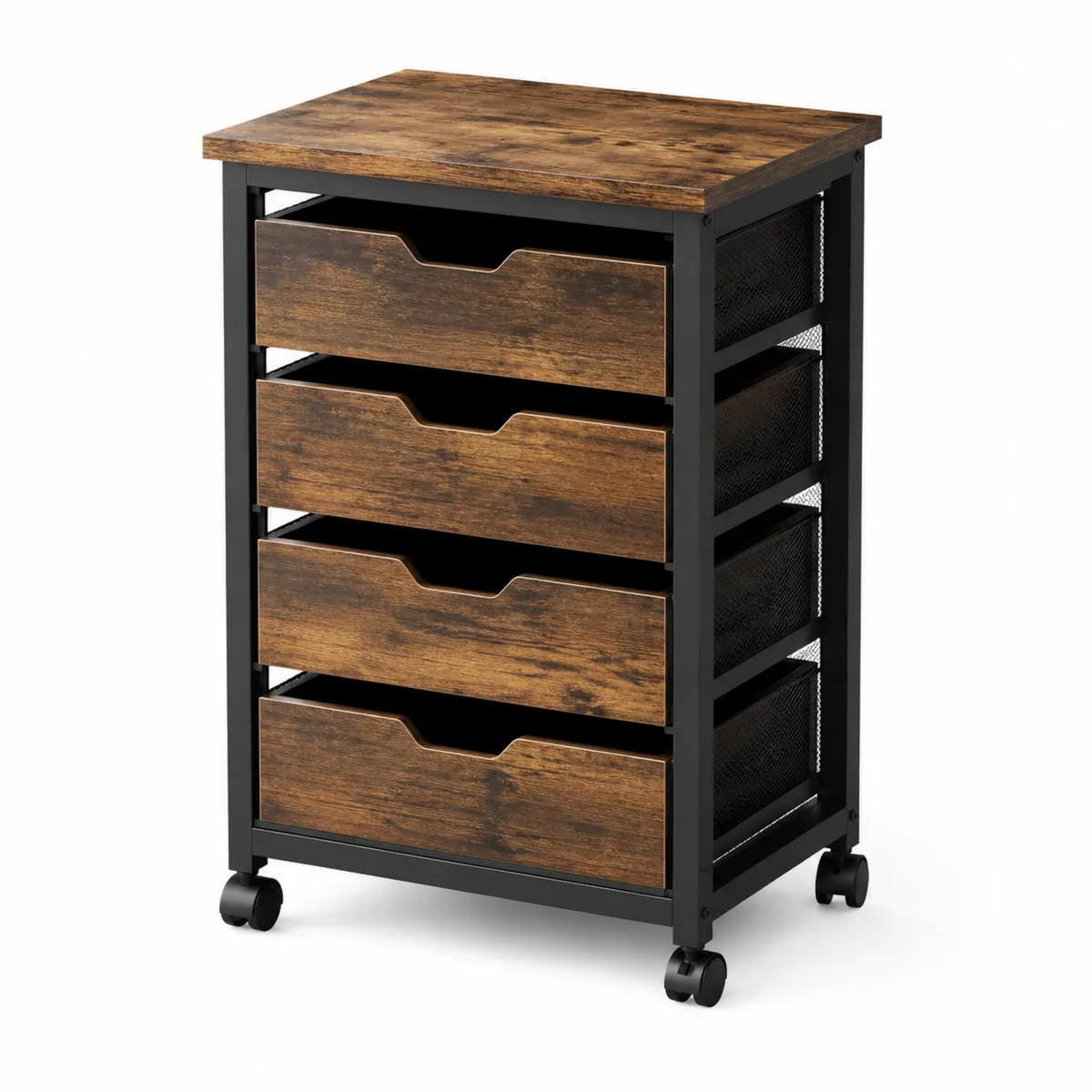 Komoda z 4 szufladami z drewna i metalu na kółkach 75x45x35 cm brązowa/czarna
