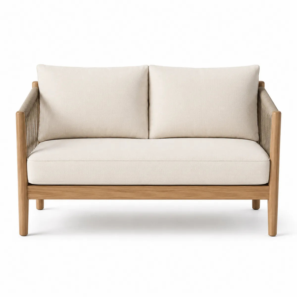 Dwuosobowa sofa z drewna tekowego z beżowymi poduszkami
